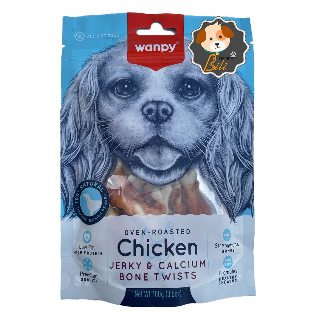 تشویقی ونپی سگ جرکی و کلسیم بون تویست با طعم مرغ ۱۰۰ گرمی ـ WANPY CHICKEN JERKY & CALCIUM BONE TWISTS 100 GR
