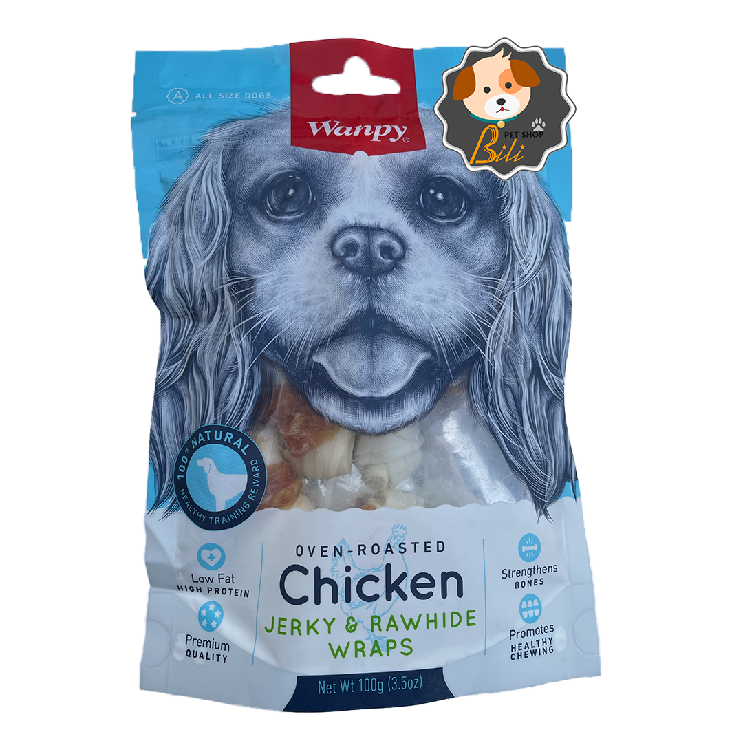 تشویقی ونپی سگ جرکی و رایهاید با طعم مرغ ۱۰۰ گرمی ـ WANPY CHICKEN JERKY & RAWHIDE WRAPS 100 GR