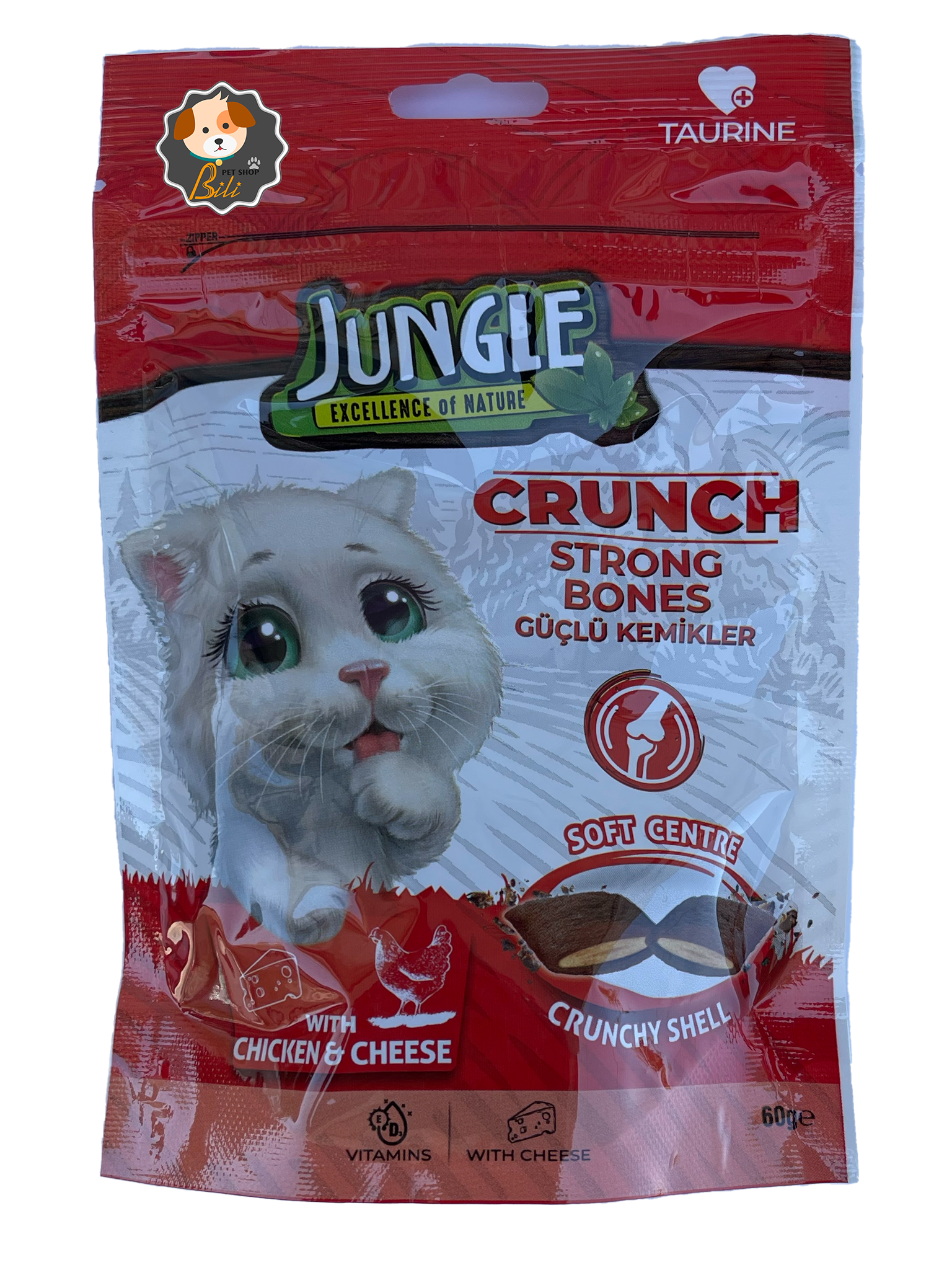 تشویقی گربه کرانچی جانگل با طعم مرغ و پنیر مناسب تقویت مفاصل ۶۰ گرمی ـ JUNGLE CRUNCH DRY CAT TREAT STRONG BONS WITH CHICKEN & CHEEESE 60 GR