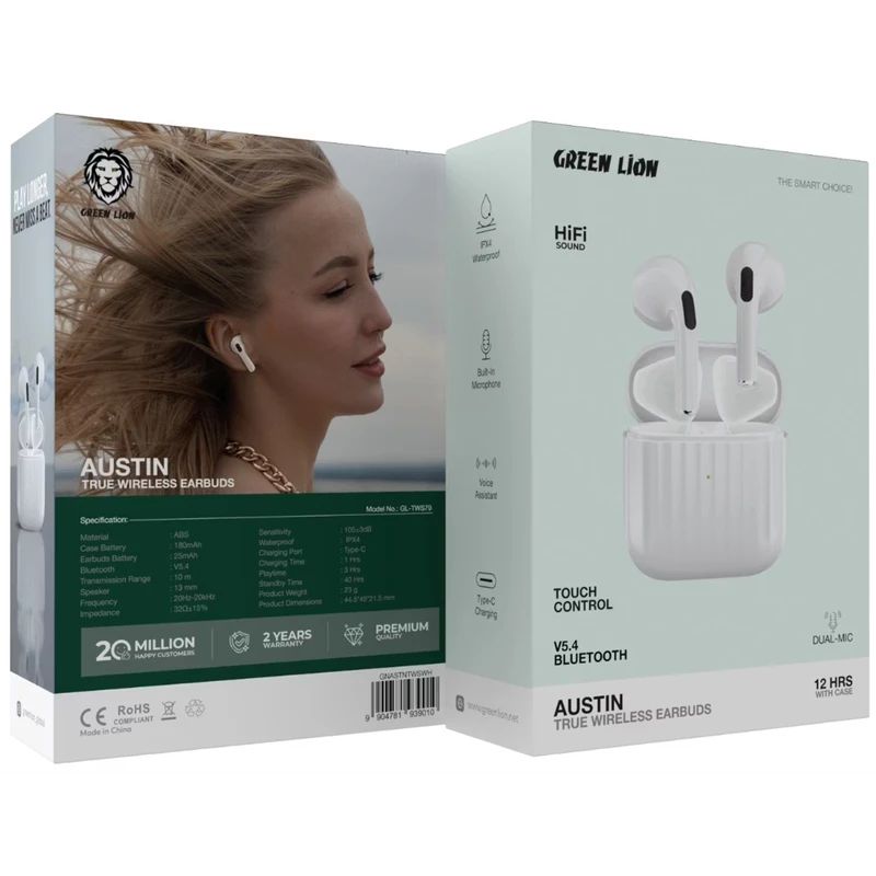 هندزفری بی‌سیم گرین لاین مدل Green Lion Austin True Wireless Earbuds با بلوتوث 5.4 و IPX4 — تصویر ۵