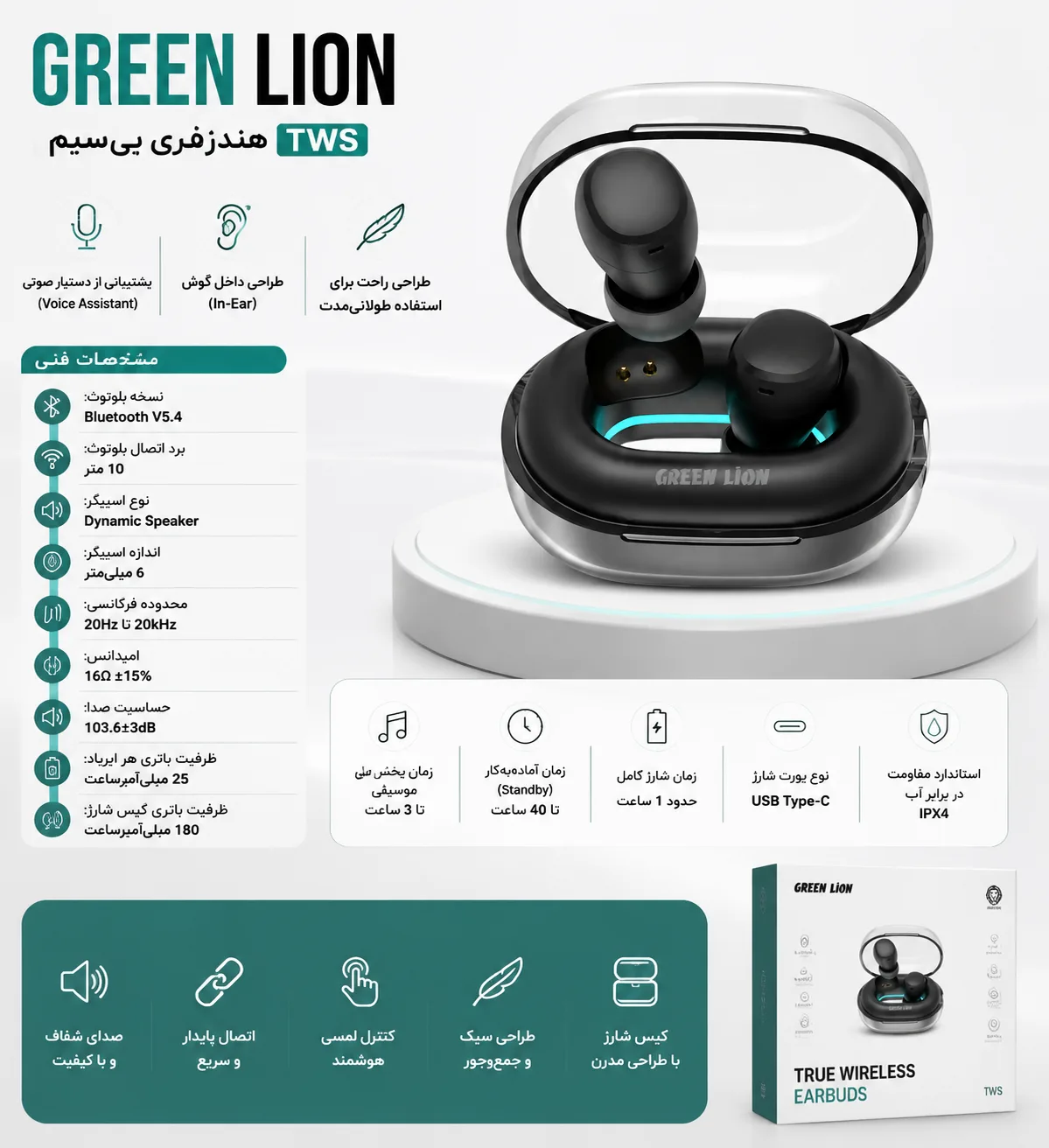 هندزفری بی‌سیم گرین لاین مدل Green Lion Denver True Wireless Earbuds با بلوتوث 5.4 و IPX4 — تصویر ۴
