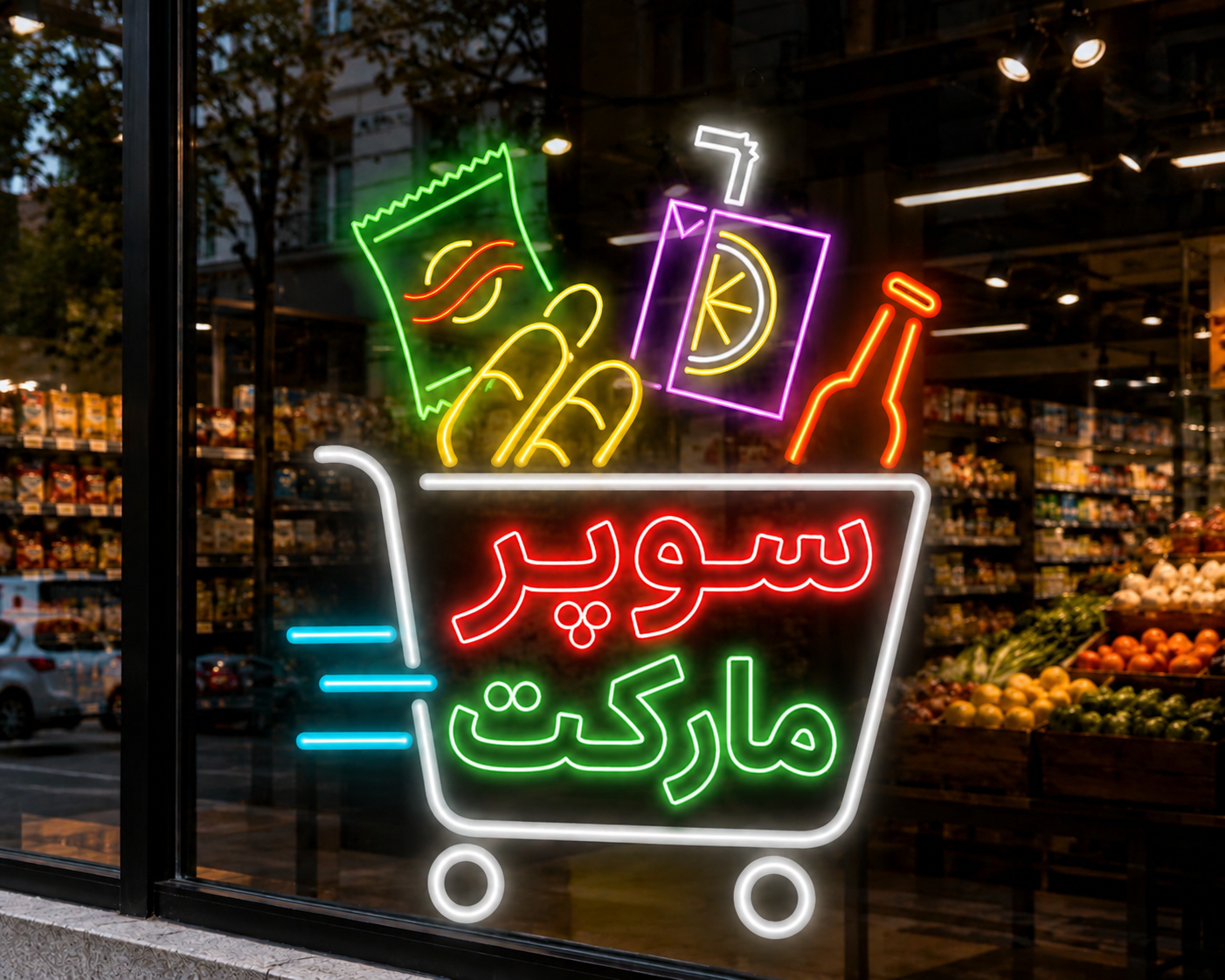 تابلو نئون طرح فروشگاه سوپر مارکت هایپر مارکت سوپری فروشگاه ارزانسرا اقساطی