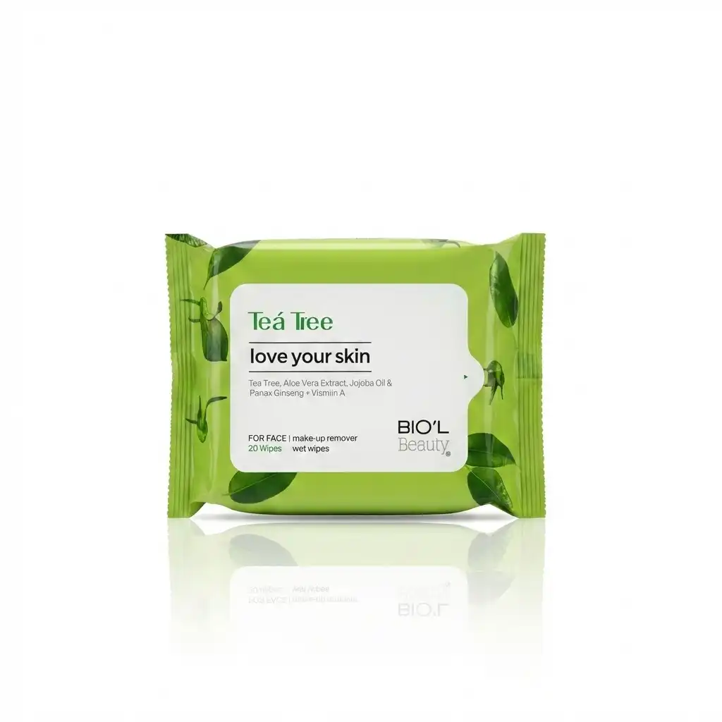 دستمال مرطوب پاک کننده آرایش بیول Bio’l مدل درخت چای Tea Tree فاقد الکل و پارابن بسته ۲۰ عددی