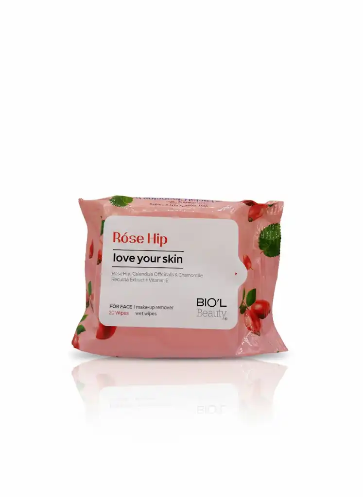 دستمال مرطوب پاک کننده آرایش بیول Bio’l مدل رز هیپ Rose Hip فاقد الکل و پارابن بسته ۲۰ عددی