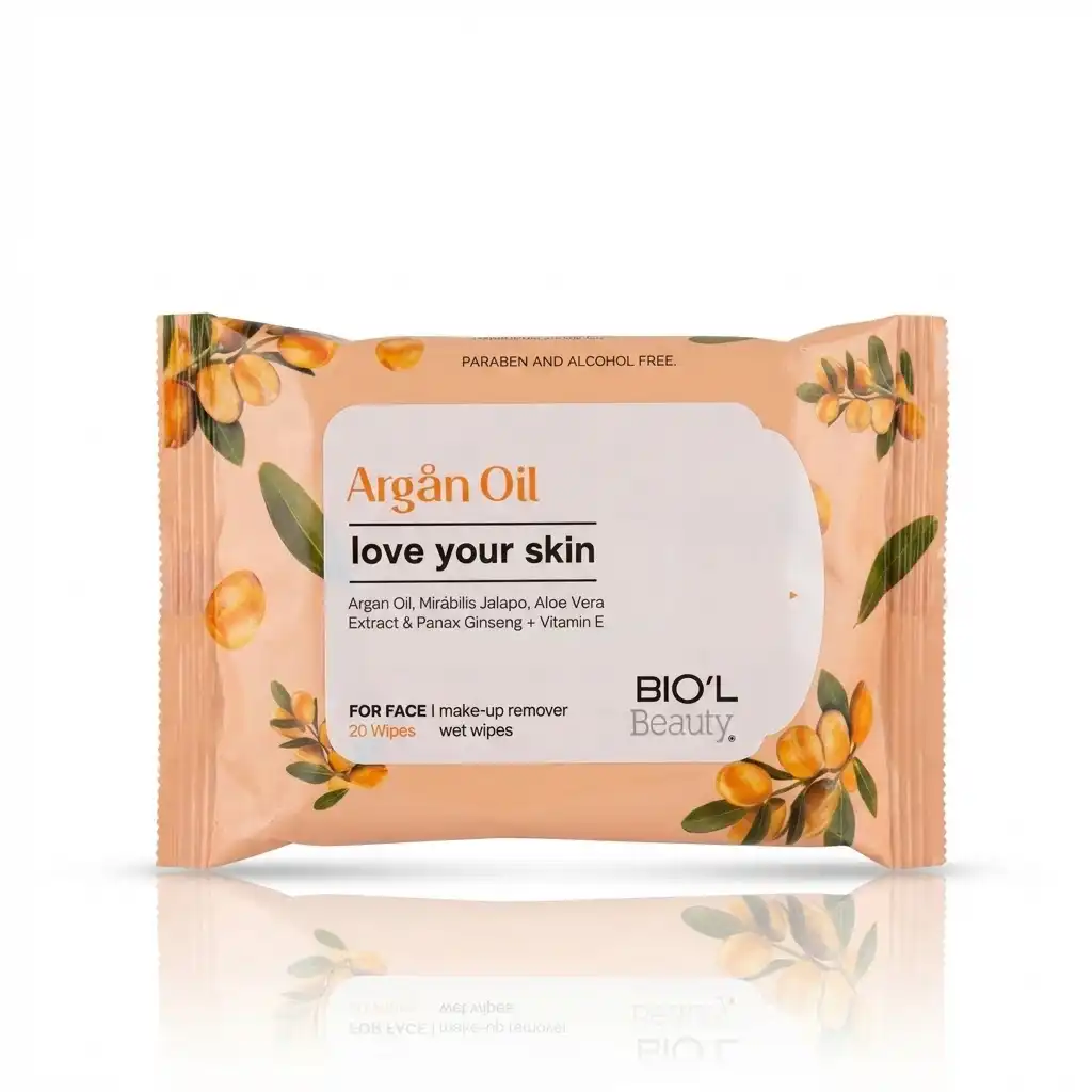 دستمال مرطوب پاک کننده آرایش بیول Bio’l مدل روغن آرگان Argan Oil فاقد الکل و پارابن بسته ۲۰ عددی