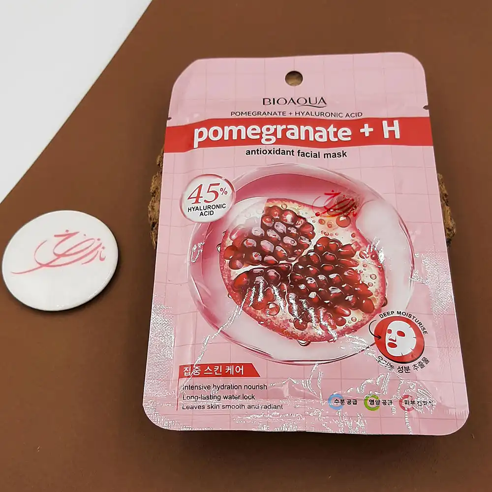 ماسک صورت ورقه ای بایوآکوا BIOAQUA مدل عصاره انار و هیالورونیک اسید Pomegranate + Hyaluronic Acid حجم 25 میلی لیتر — تصویر ۲