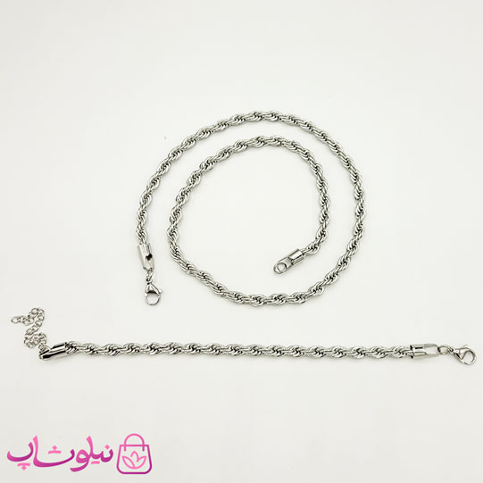 ست گردنبند و دستبند زنانه مدل طنابی نقره ای ضخیم — تصویر ۲