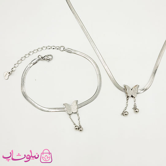 ست گردنبند و دستبند دخترانه پروانه نقره ای