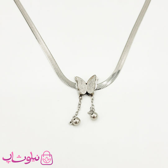 گردنبند دخترانه پروانه با زنجیر ماری نقره ای کد 888