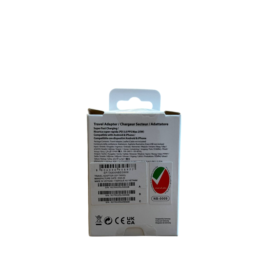 کلگی شارژر 25 وات سه شاخه اروپایی سامسونگ (Samsung) مدل EP-TA800NBEGWW با گارانتی ویستا حافظه — تصویر ۵