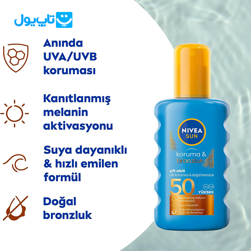 اسپری ضد آفتاب نیوآ NIVEA مدل Koruma & Bronzluk برنزه‌ کننده طبیعی SPF +50 حجم 200 میلی‌لیتر — تصویر ۳