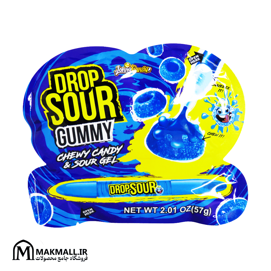 پاستیل ترش جانی کندی Drop Sour آبی وزن 57 گرم | Johny Candy Drop Sour Blue Gummy Chewy &amp; Sour Gel 57g — تصویر ۲