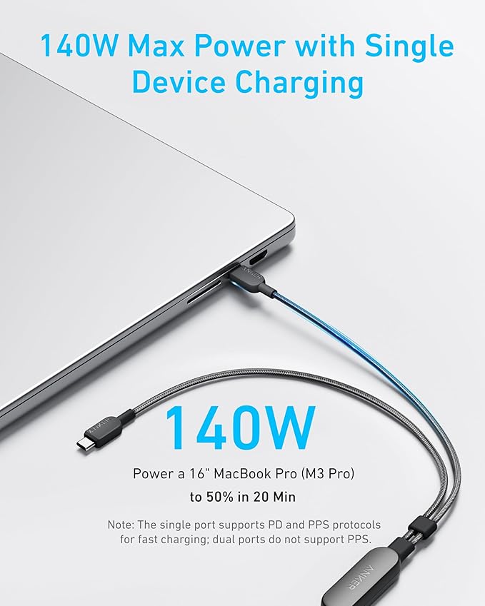 کابل شارژ usb-c انکر 2 در 1 مدل A8895 140W 1.8m — تصویر ۷