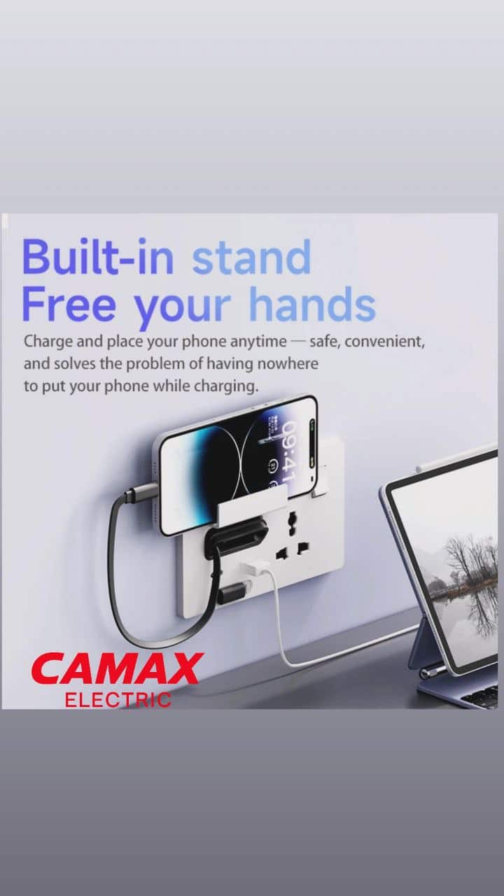 پریز شارژر CAMAX با کابل شارژ جمعشونده | USB-C و USB-A | پریز یونیورسال — تصویر ۵