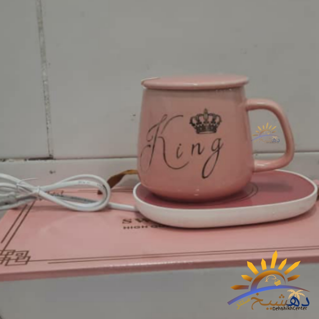 ماگ حرارتی سرامیکی در دار هیتر دار با صفحه گرم کننده برقی مدل 1314 رنگ سبز و صورتی KING — تصویر ۴