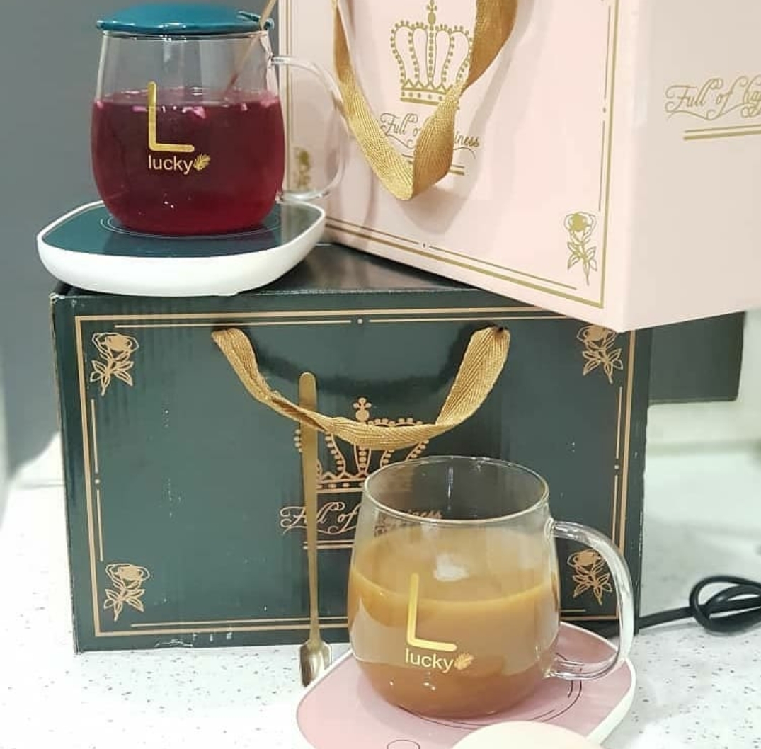 ماگ حرارتی پیرکس شیشه ای در دار هیتر دار با صفحه گرم کننده برقی مدل 1314 رنگ سبز و سفید و صورتی Lucky — تصویر ۷
