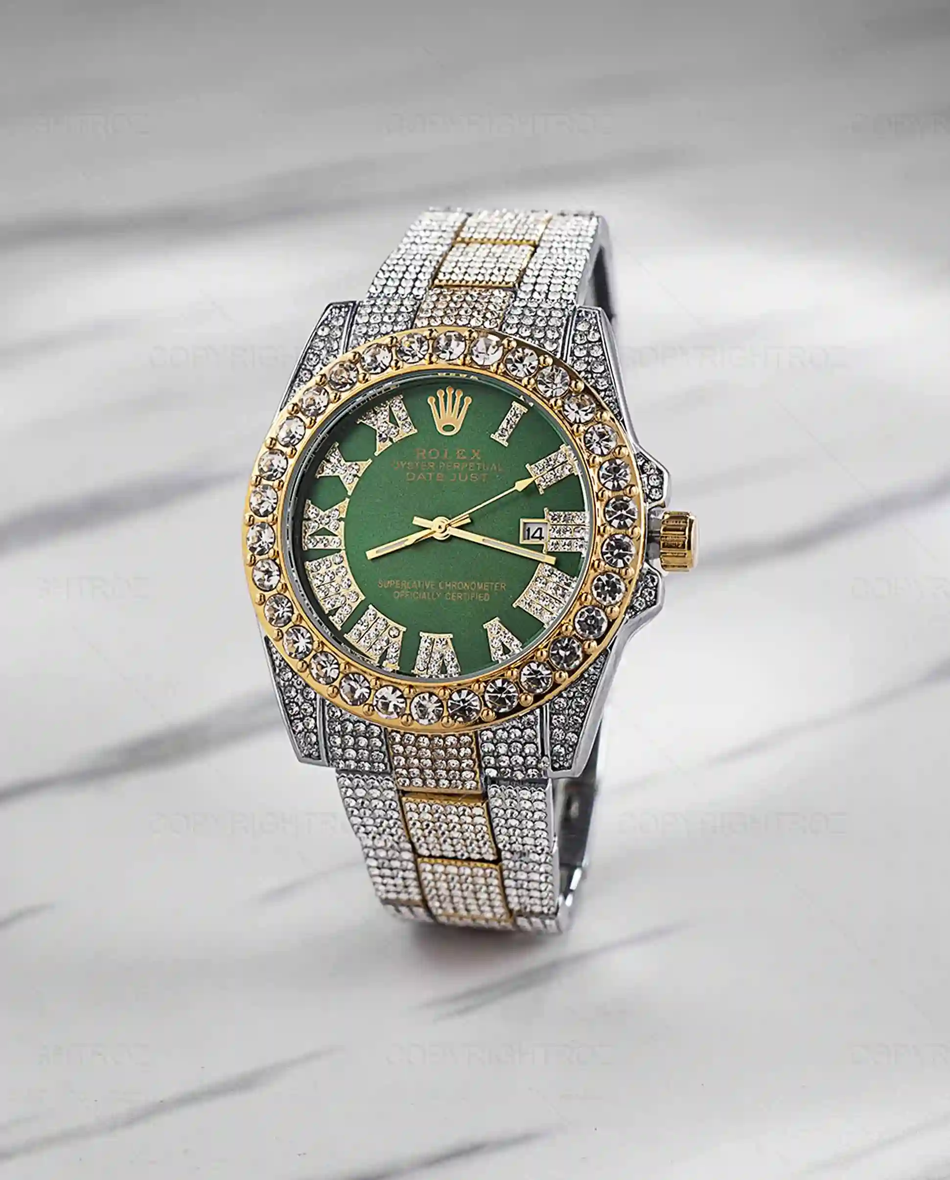 ساعت مچی مردانه فول نگین رولکس ROLEX صفحه سبز مدل 1210 — تصویر ۷