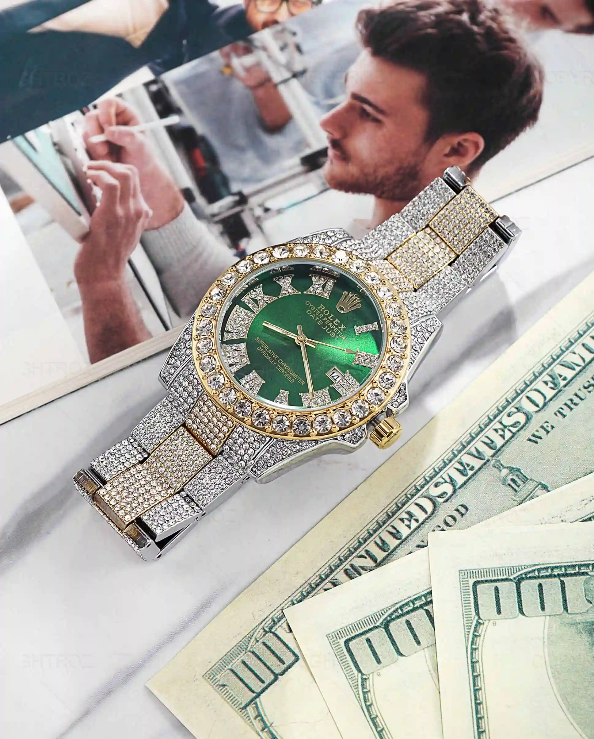 ساعت مچی مردانه فول نگین رولکس ROLEX صفحه سبز مدل 1210 — تصویر ۴