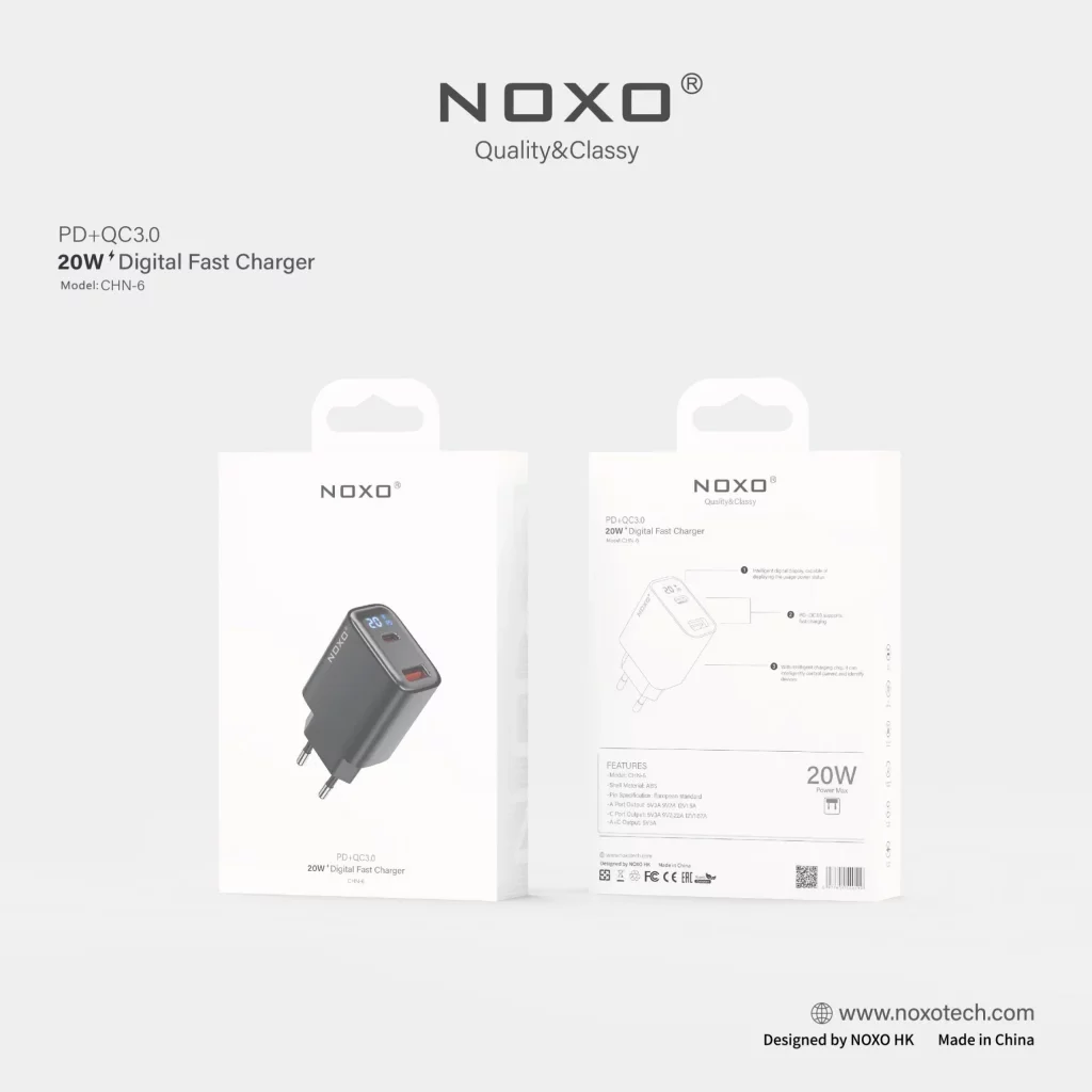 شارژر دیواری ۲۰ وات نوکسو مدل CHN-6 با ۲ پورت USB-A + USB-C، پشتیبانی PD و QC3.0 و نمایشگر دیجیتال (EU Pin) — تصویر ۳