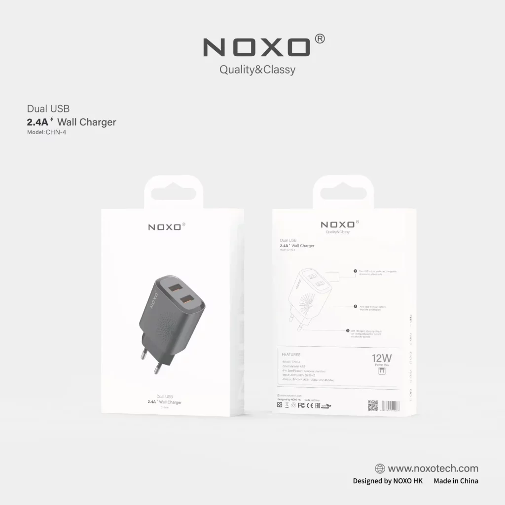 شارژر دیواری 12 وات نوکسو مدل CHN-4 با ۲ پورت USB، جریان خروجی ۲.۴ آمپر (EU Pin) — تصویر ۳