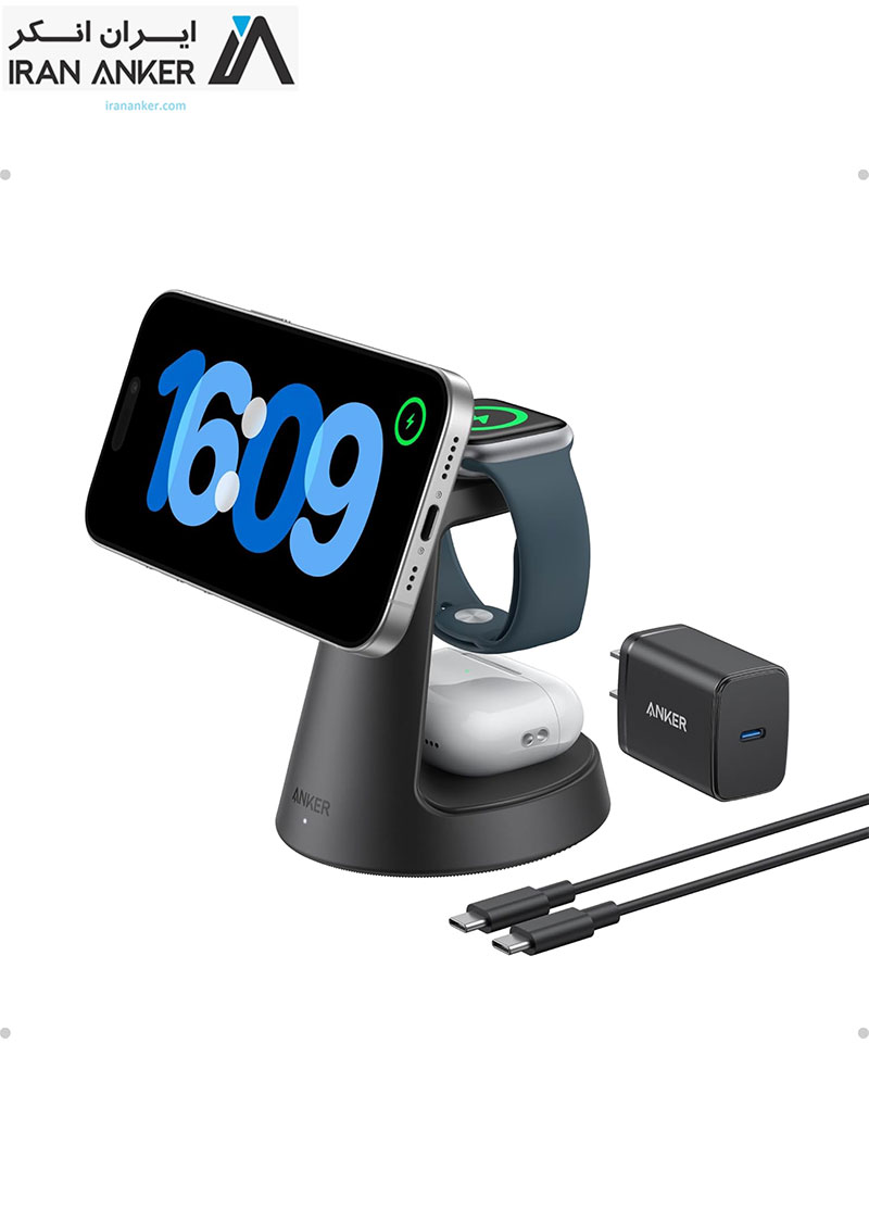 شارژر بی سیم مگنتی Anker MagSafe Charger Compatible MagGo 3-in-1 Charging Station Qi2 15W مدل B25M4