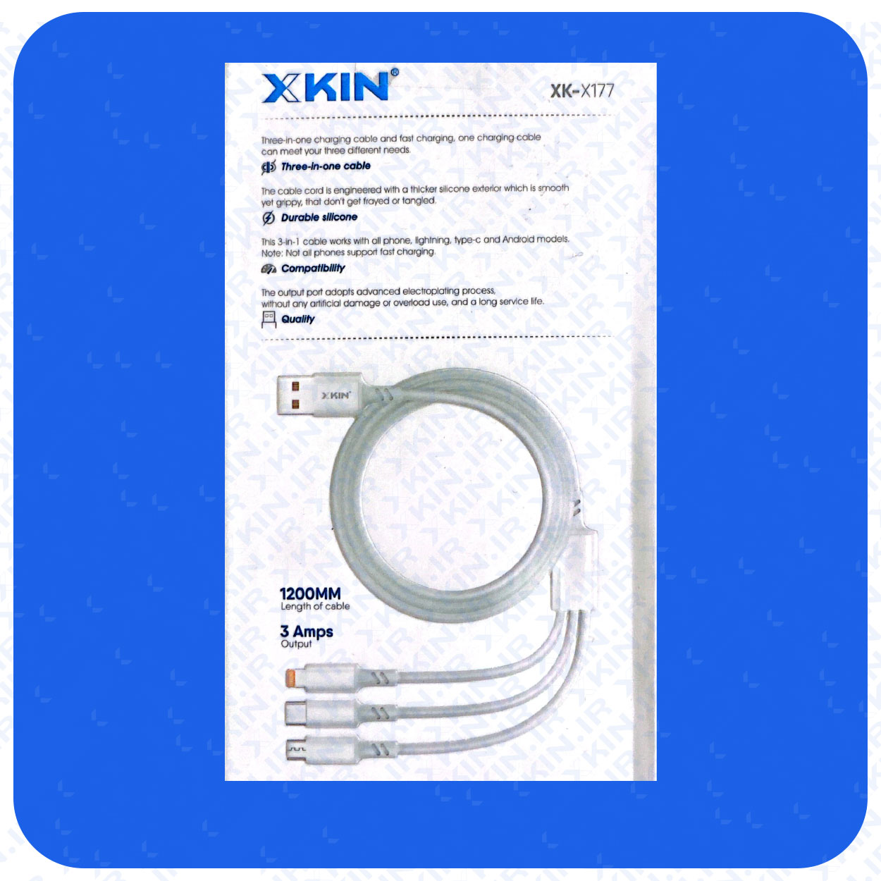 کابل شارژ USB به لایتنینگ و MICRO و USB-C ایکس کین مدل XK-X177 طول 1.2 متر — تصویر ۳