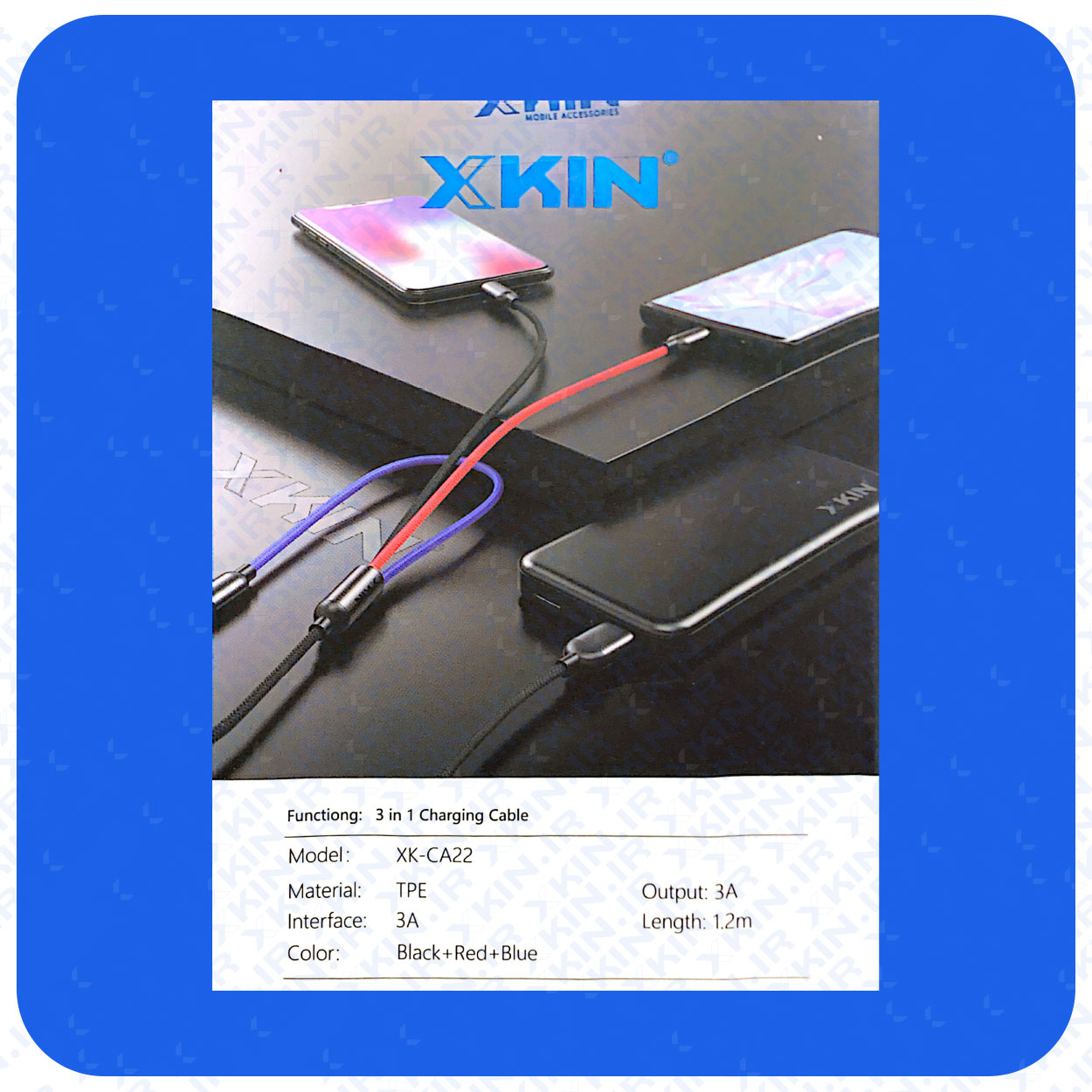 کابل شارژ USB به USB-C و microUSB و لایتنینگ ایکس کین مدل XK-CA22-3IN1 طول 1.20 متر — تصویر ۳