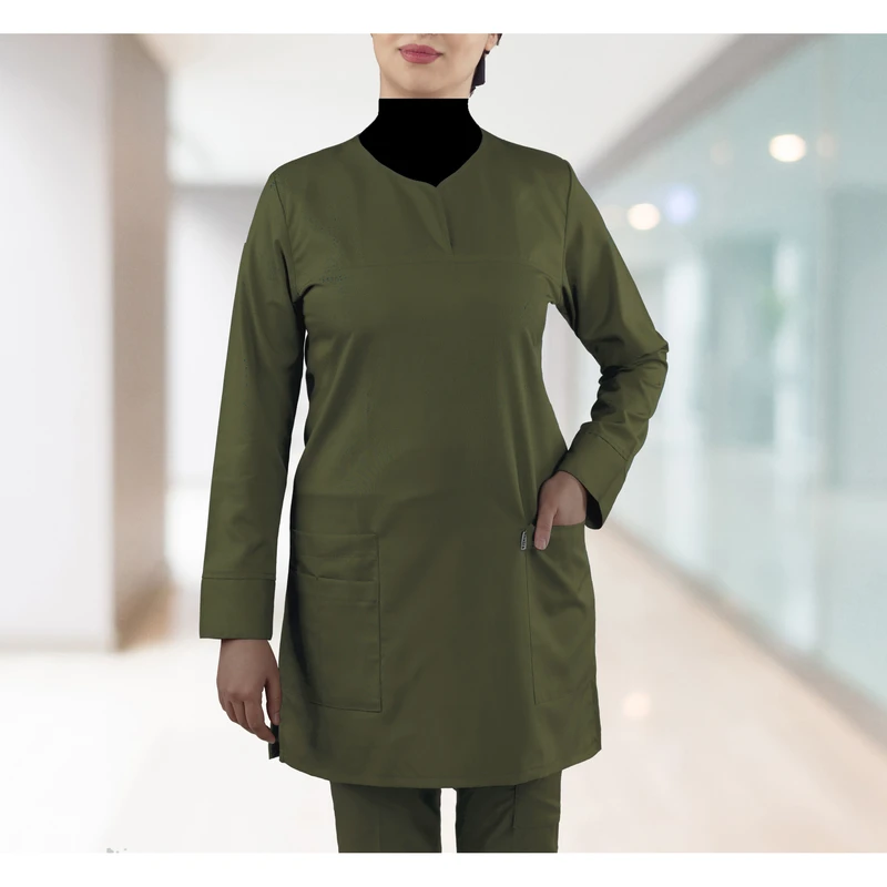 ست اتاق عمل زنانه خضرا مدل اسکراب جلو بسته کد 38036 رنگ سبز زیتونی
