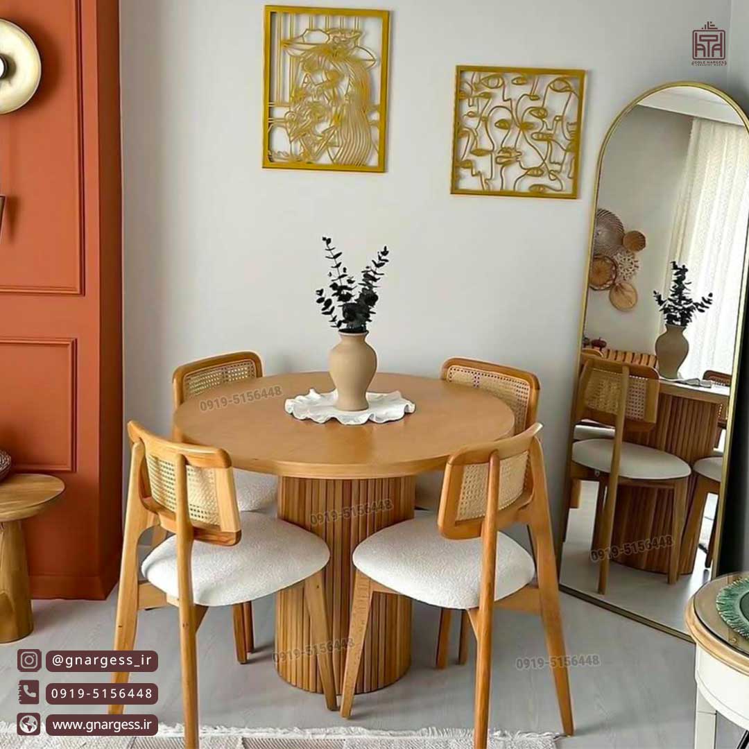 میز ناهارخوری چوبی میلانو طرح حصیری بافت با میز پمینار — تصویر ۲