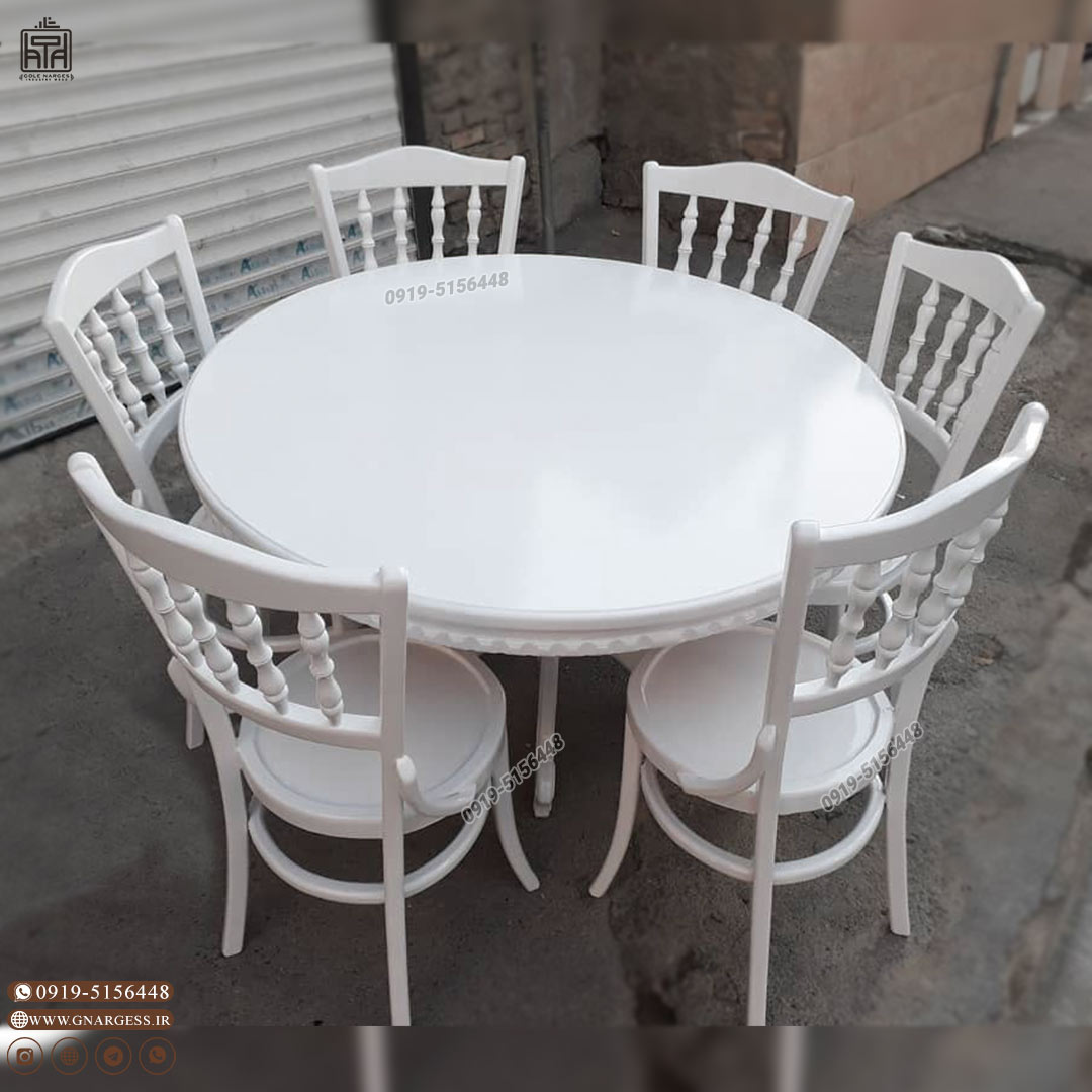 میز ناهارخوری چوبی 6نفره عروس گرد با صندلی خراطی لهستانی چوب راش