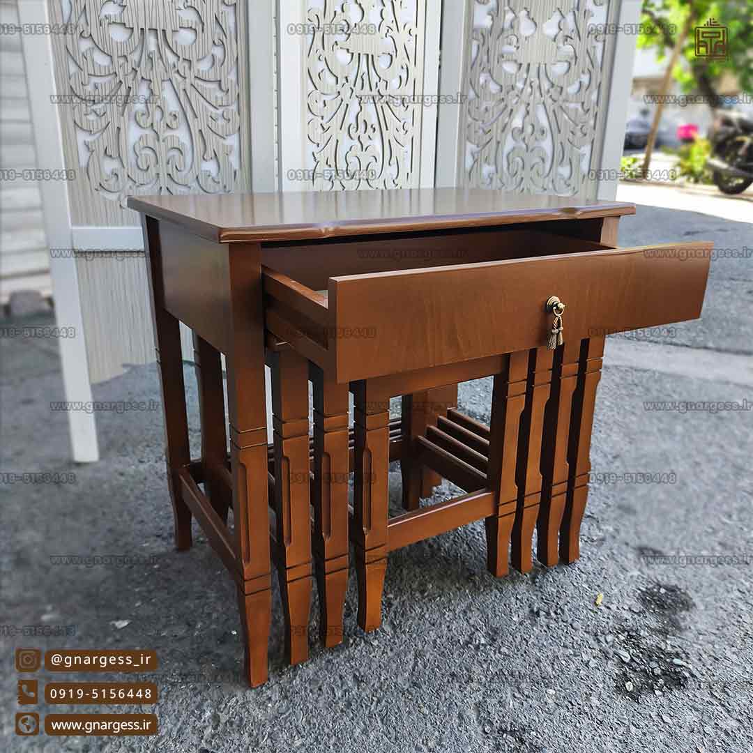 میز عسلی 4 تکه کشودار چوبی خراطی — تصویر ۴