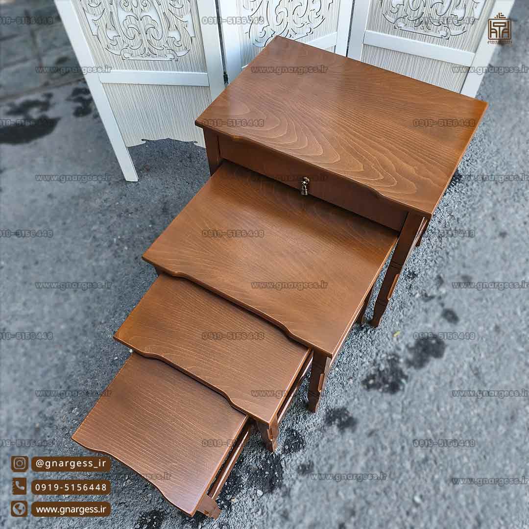 میز عسلی 4 تکه کشودار چوبی خراطی — تصویر ۵
