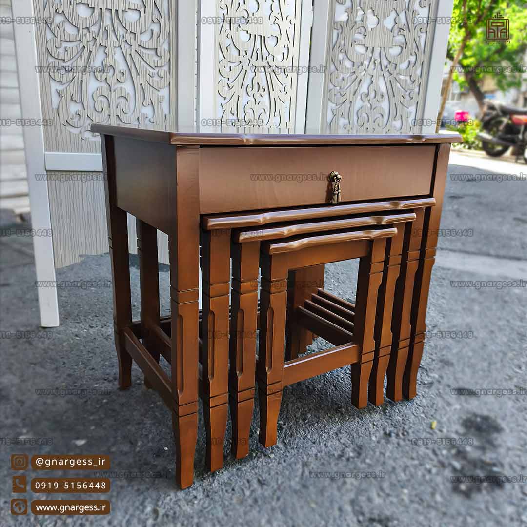 میز عسلی 4 تکه کشودار چوبی خراطی