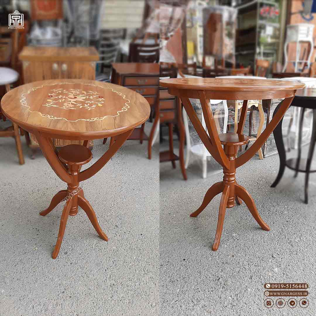 میز خاطره معرق چوبی ارکیده مدل پایه خمره ایی — تصویر ۳