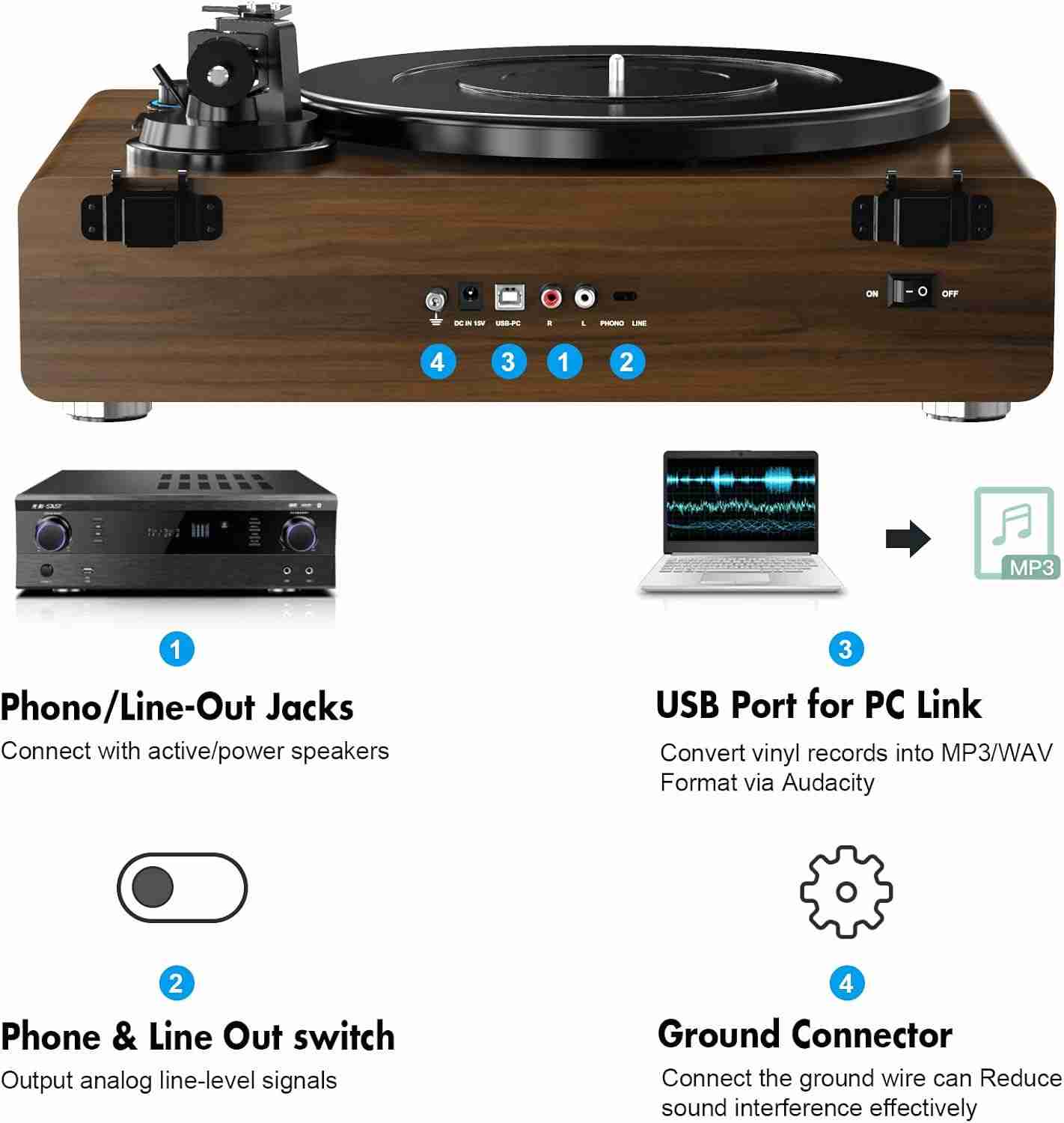 گرامافون برند DIGITNOW مدل B600بلوتوثی وینیل با اسپیکرهای استریو داخلی، تبدیل وینیل به MP3، ورودی Aux/RCA — تصویر ۶