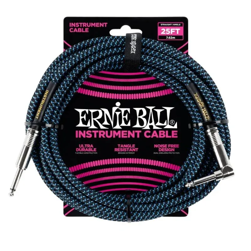 Ernie Ball Braided Guitar Cable Straight to Right-angle – Black/Blue – 25ft – 6060