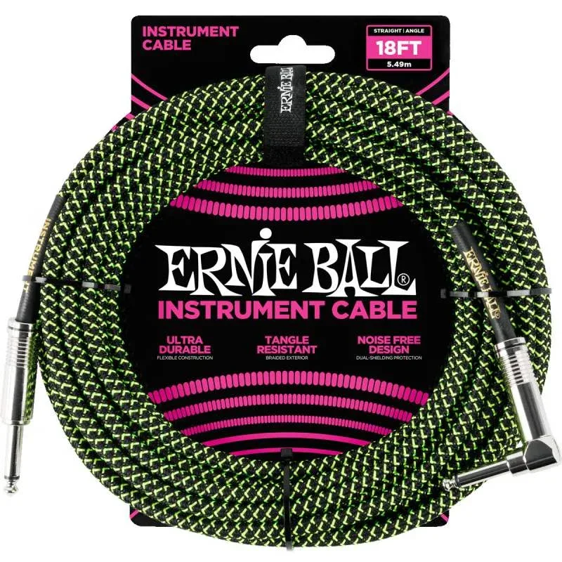 Ernie Ball Braided Guitar Cable Straight to Right-angle – Black/Green – 18ft – 6082