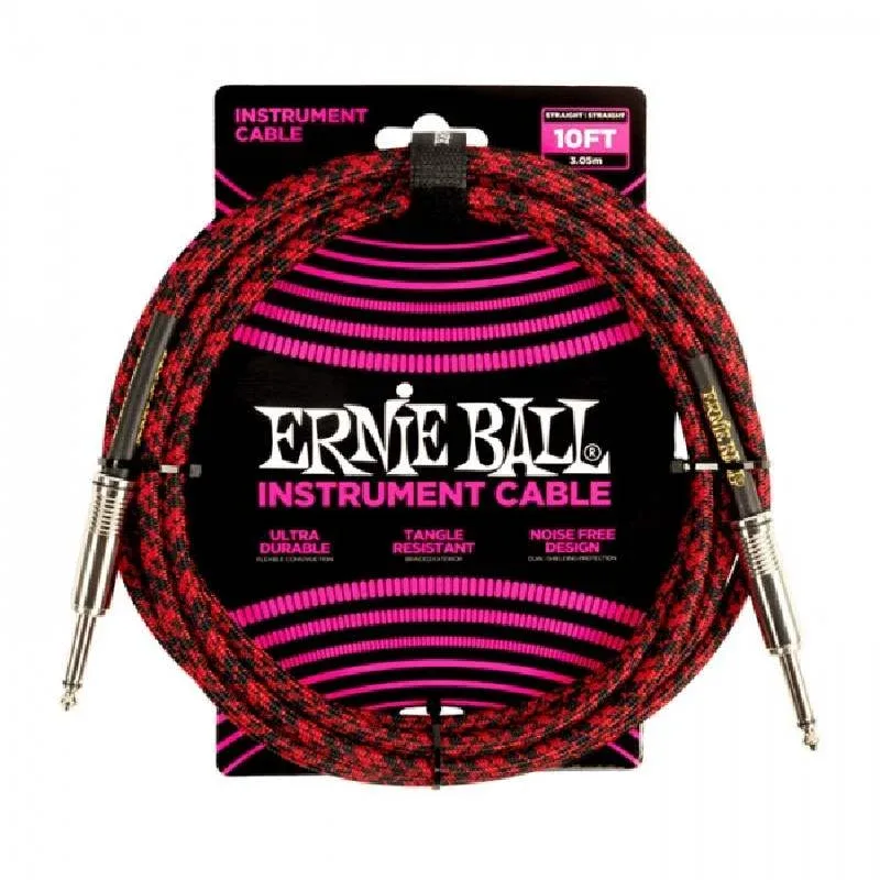 Ernie ball Braided Instrument cable straight to straight – 10ft – Red/Black – 6394