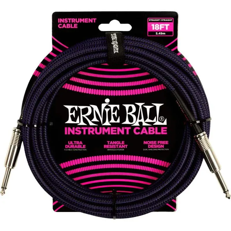 Ernie ball Braided Instrument cable straight to straight – 18ft – Purple/Black – 6395
