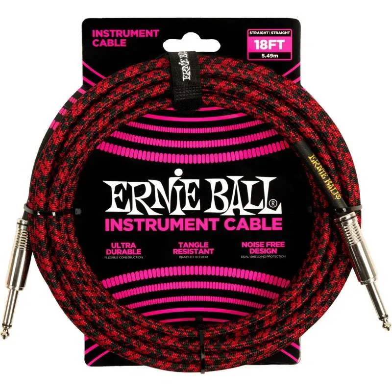 Ernie ball Braided Instrument cable straight to straight – 18ft – Red/Black – 6396 — تصویر ۲