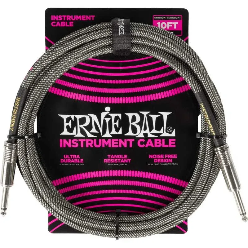 Ernie ball Braided Instrument cable straight to straight – 10ft – Silver Fox – 6429