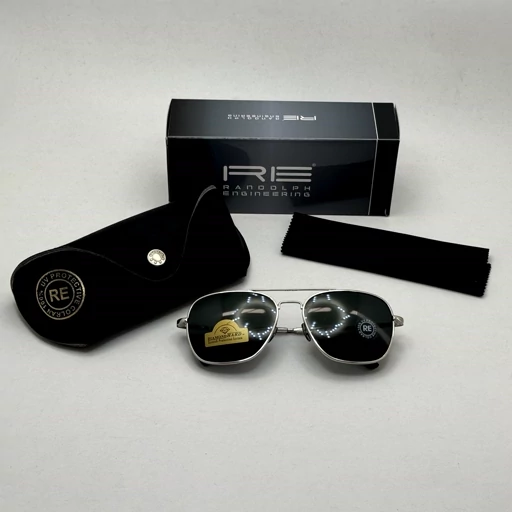 عینک آفتابی خلبانی رندولف شیشه سنگ آنتی رفلکس مشکی فریم نقره ای فول پک RANDOLPH AVIATOR RE 58 WHITE GOLD