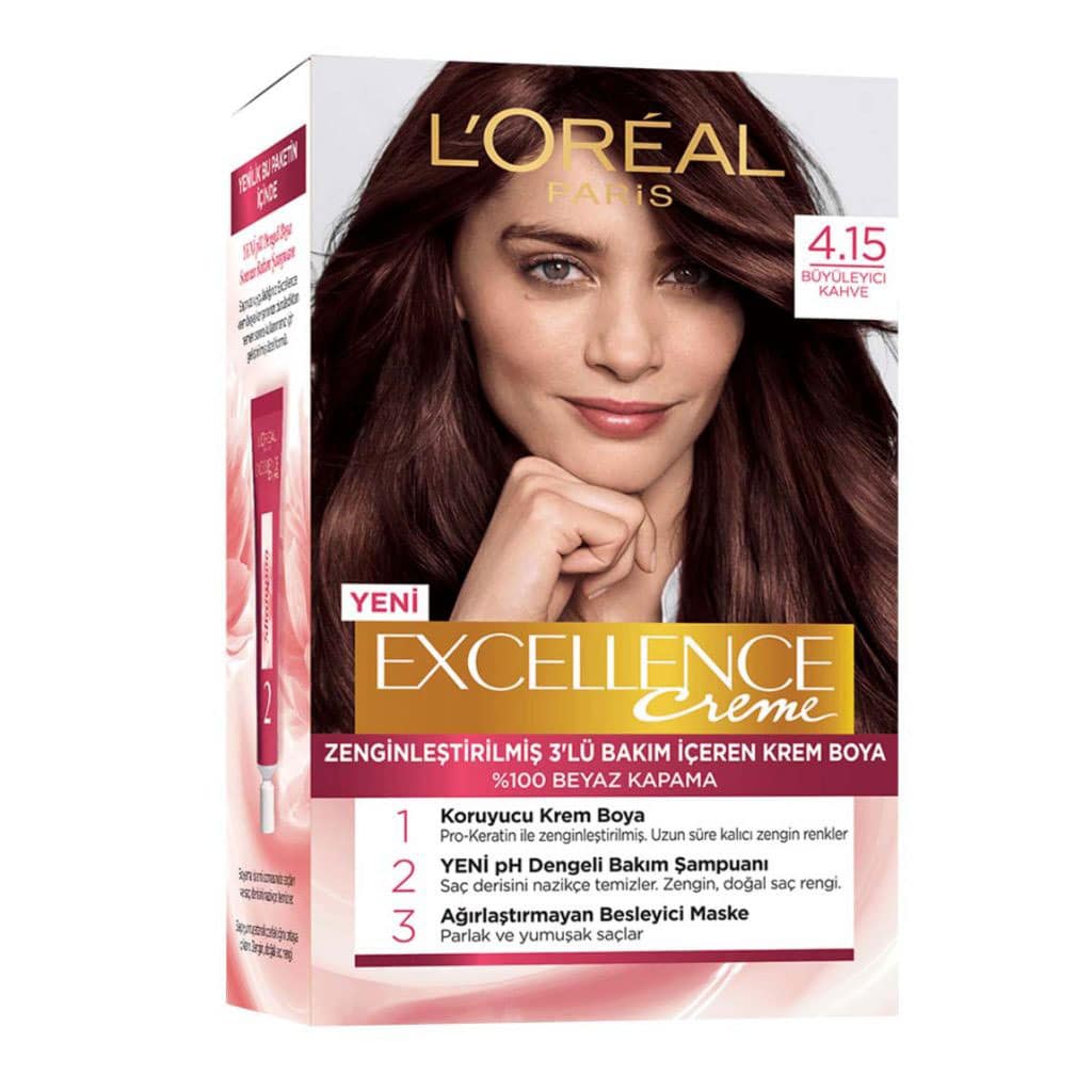 کیت رنگ مو لورال سری Excellence Creme شماره 4.15 پایه رنگ قهوه ای — تصویر ۲