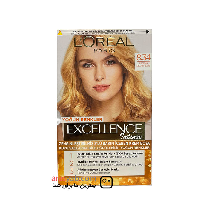 رنگ مو لورال 8.34 سری excellence intense رنگ زرد طلایی