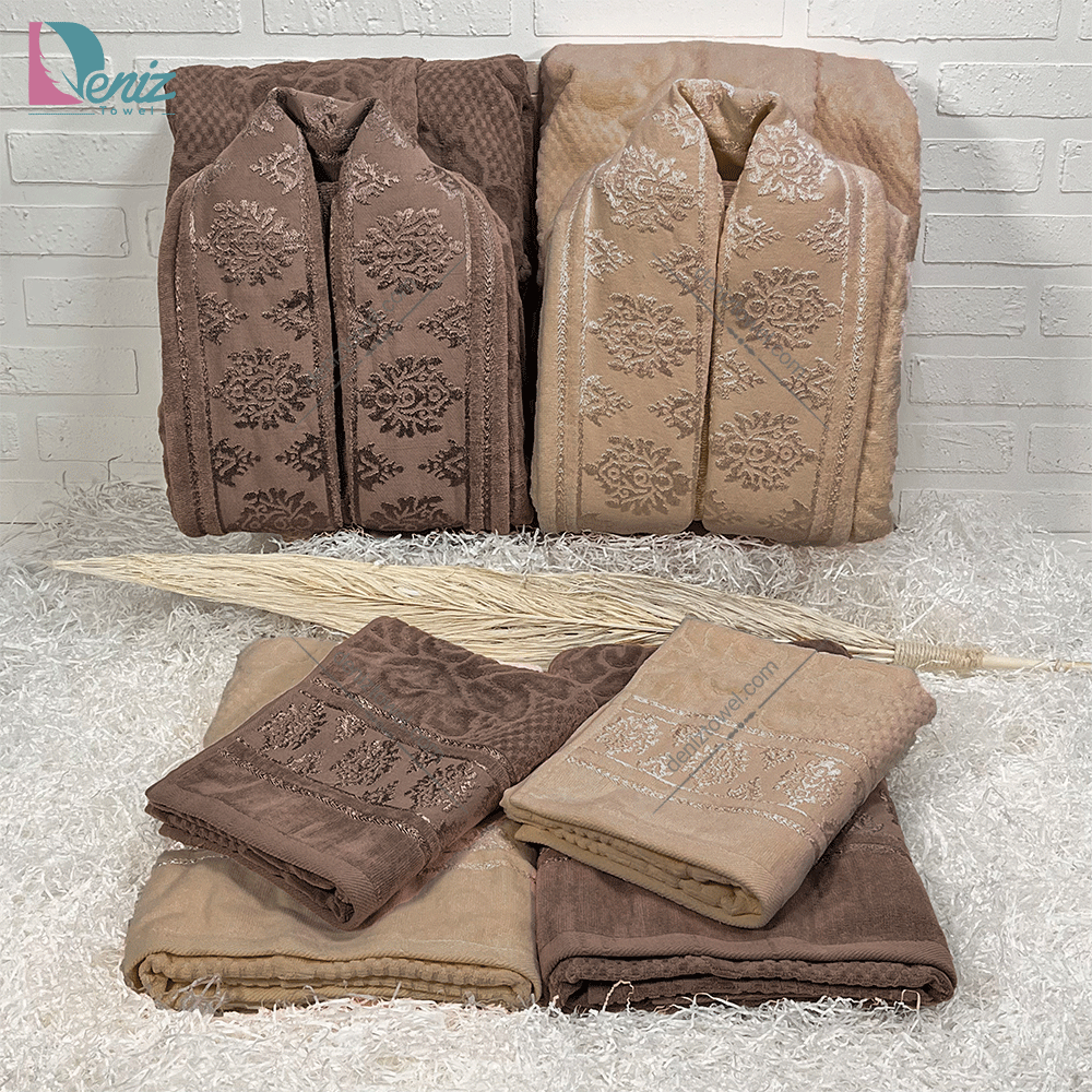 حوله ست دو نفره ژاکارد رنگ نسکافه ای و شکلاتی