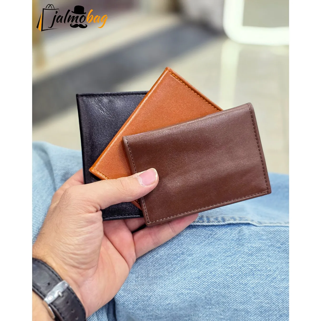جاکارتی چرم طبیعی گاوی مدل برگی دارای 4 جای کارت — تصویر ۳