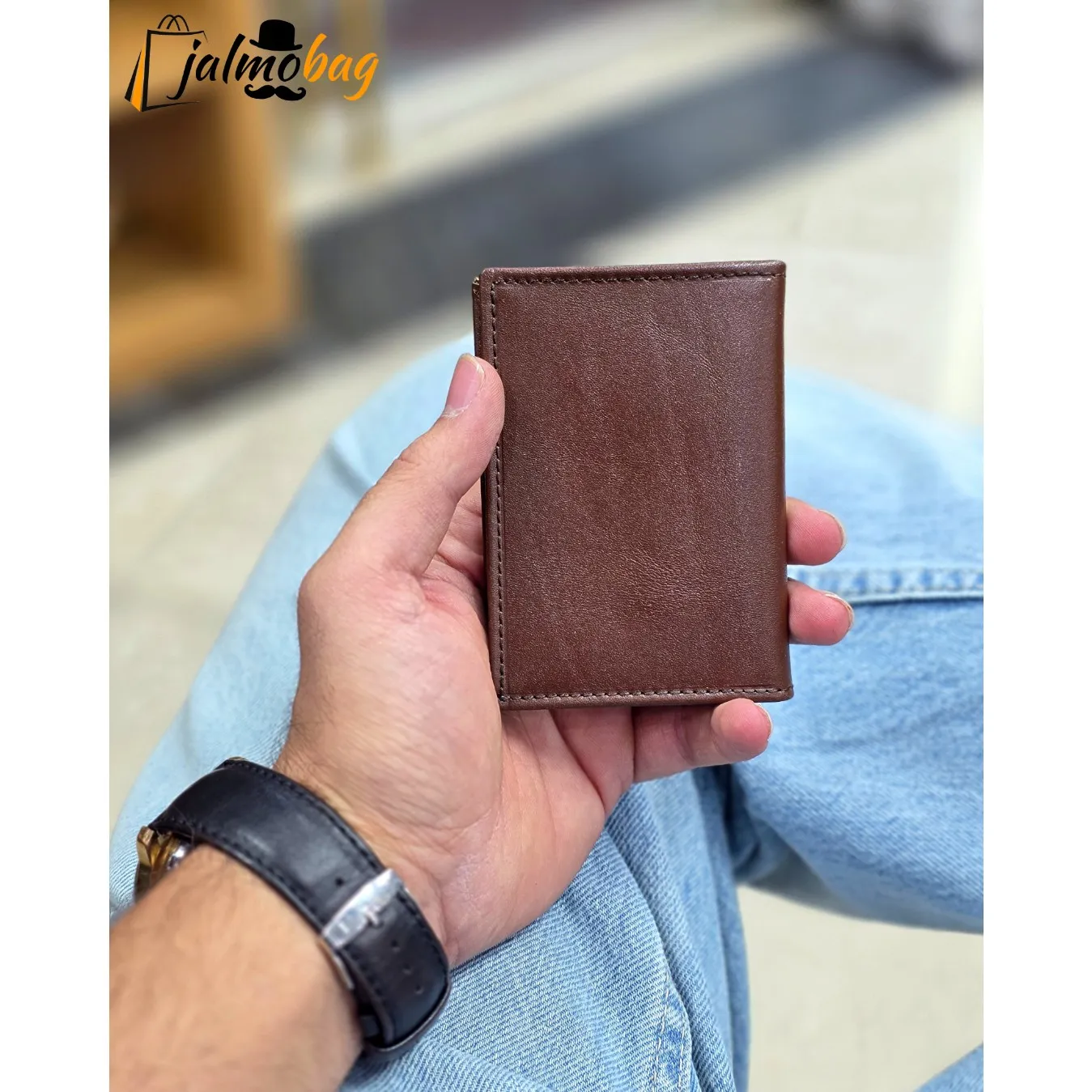 جاکارتی چرم طبیعی گاوی مدل برگی دارای 4 جای کارت — تصویر ۴