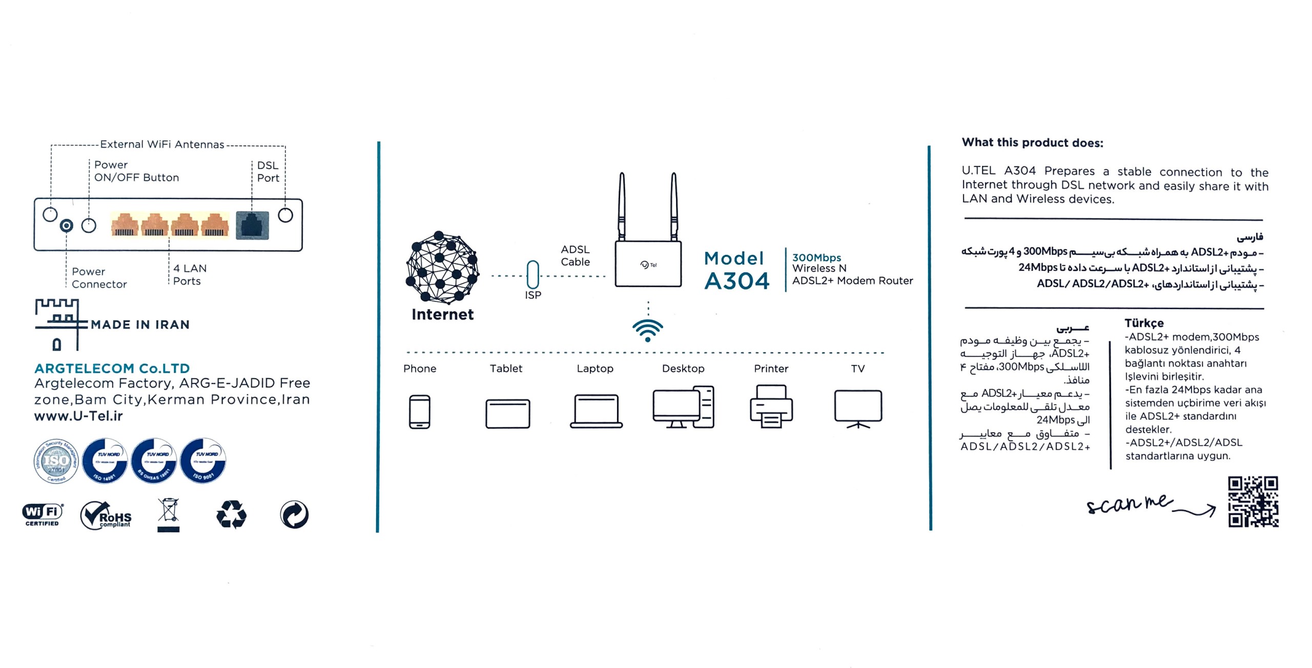 مودم روتر +ADSL2 بی سیم یوتل مدل A304 — تصویر ۵
