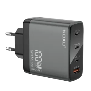 شارژر دیواری ۱۰۰ وات نوکسو مدل CHN-P-3 با ۴ پورت USB-C و USB-A، پشتیبانی از PD و QC3.0 (EU Pin) و فناوری GaN — تصویر ۲