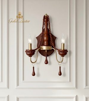 دیوارکوب روستیک مدل چوب راش رنگ فندوقی شاخه طلایی دو شعله